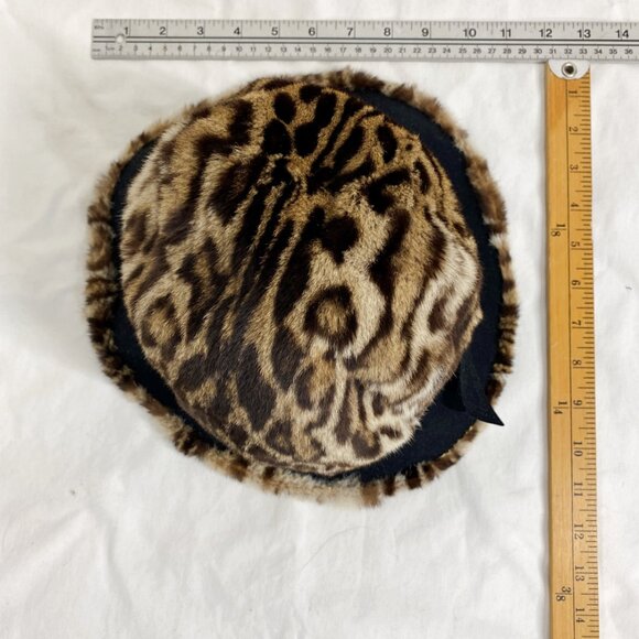 Vintage 60s 70s Fur Hat Leopard spot animal print Cloche bucket felt Winter - Picture 7 of 8